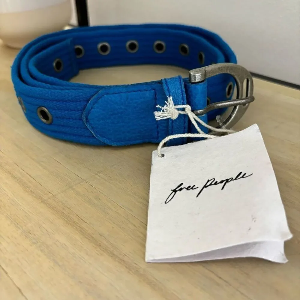 Free people Avril grommet leather woven belt cobalt blue S/M new